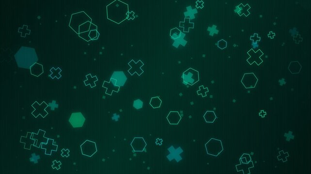 Abstract dark green medical background animation with floating neon cross health symbols, glowing hexagons, and geometric particles, perfect for science and healthcare presentation