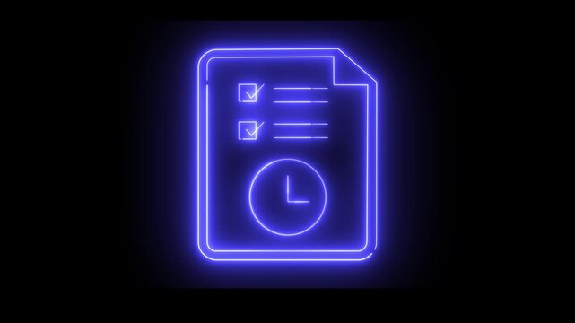 Neon light effect animation of a blue checklist icon with a clock inside a document. Ideal for productivity apps, time tracking tools, or digital workflows.