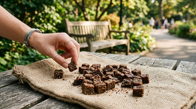 Hand reaching for savory beef jerky cubes arranged on rustic burlap outdoors