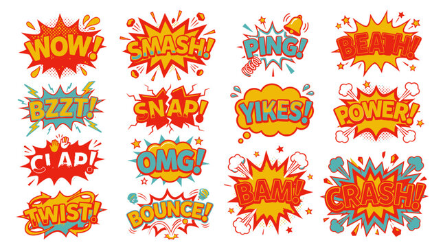 Colorful comic book action bubbles and sound effects.