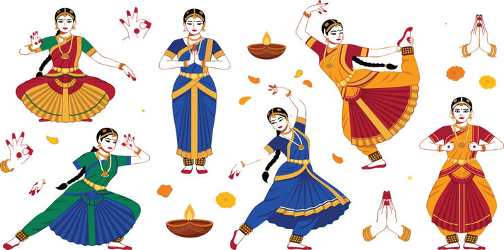 Indian classical Bharatanatyam dance characters with traditional mudra hands and diya lamps vector set