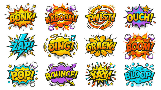 Colorful comic book action words and speech bubbles set.