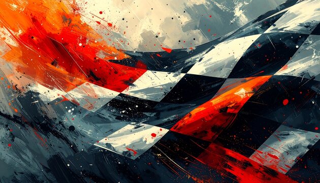 Abstract artwork features a dynamic composition of a checkered pattern, overlaid with fiery orange and red brushstrokes