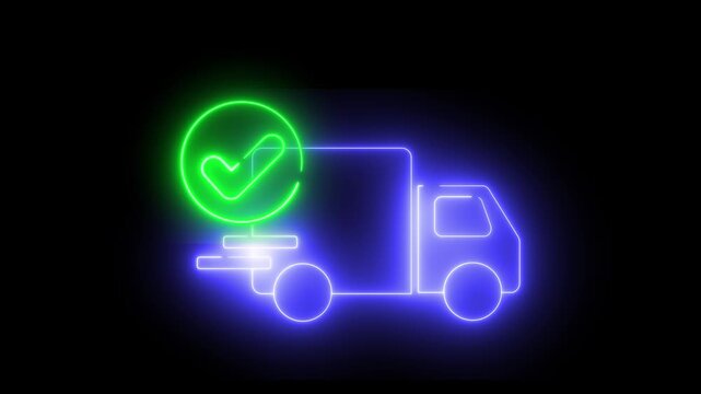 Neon light effect animation of a lighted truck icon with a check mark symbol. Indicates successful delivery or approval. Suitable for logistics and delivery.