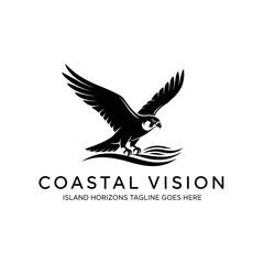 Naklejka premium Dynamic eagle logo over ocean ripples, representing freedom and vision for adventure tourism and outdoor lifestyle brands.