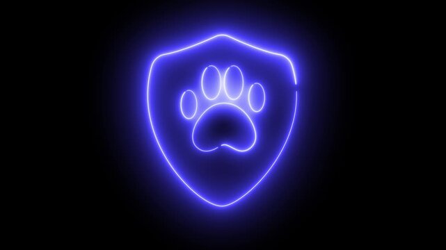 Neon light effect animation of a blue shield icon with a paw print, glowing against a dark background. Ideal for pet safety, animal protection, or digital security themes.