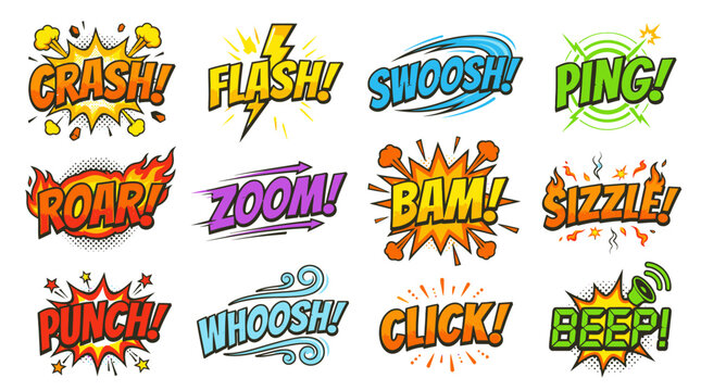 Colorful action sound effect clouds for comic book design.