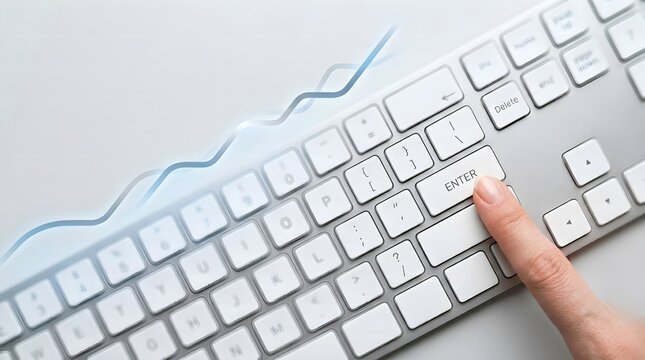 Business Growth Concept with Hand Pressing Enter Key on Keyboard and Rising Financial Line Graph.