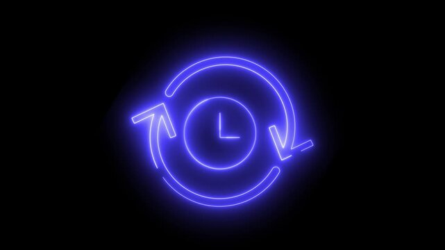 Neon light effect animation of a circular arrow icon surrounding a clock symbol. The design suggests a temporal cycle, recycling, or a continuous process.