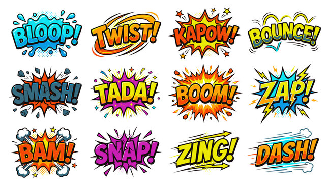 Colorful comic book onomatopoeia collection with energetic action bubbles.