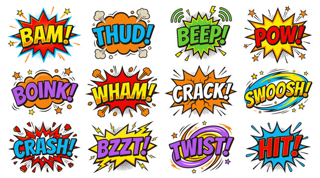 Colorful comic book onomatopoeia sound effect speech bubbles set.