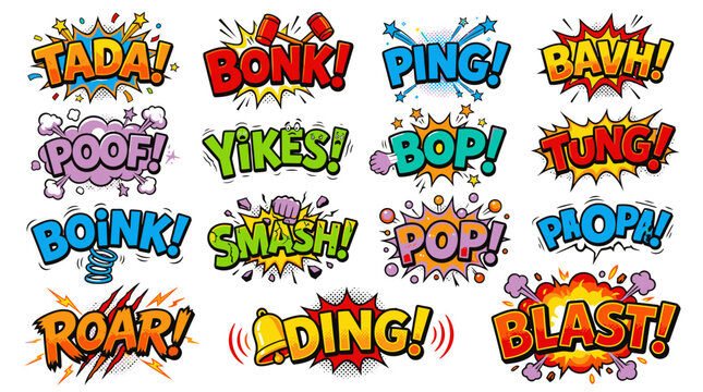 Colorful comic book onomatopoeia sound effect speech bubble set.