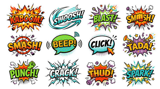 Colorful comic book onomatopoeia sound effects set on white.