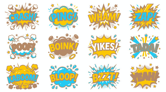 Colorful comic book onomatopoeia sound effects set on white background.