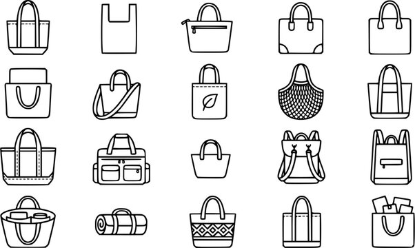 Black and White Line Art Icons of Various Bags and Backpacks for E-commerce and Lifestyle