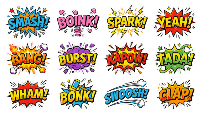 Colorful comic book onomatopoeia speech bubble set.