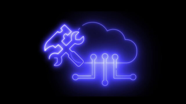 Neon light effect animation of a virtual cloud icon with wrenches and circuit lines. Ideal for digital services, technical support, or cloud infrastructure.