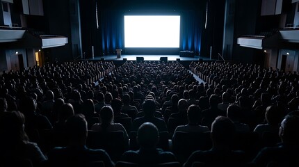 Obraz premium Silhouette of Audience Watching Blank Presentation Screen in Auditorium