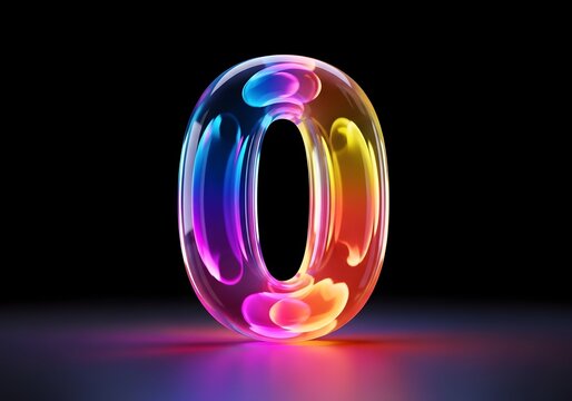 Iridescent number zero with rainbow reflections a vibrant 3d rendering on a dark background