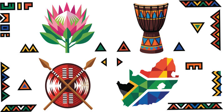 South African cultural heritage vector elements set with map protea flower djembe drum and shield