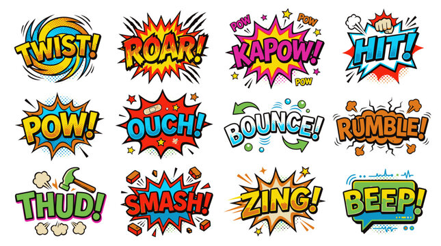 Colorful comic onomatopoeia bubbles for action scenes.