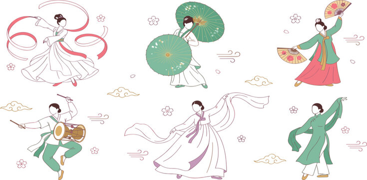 raditional Asian dance characters in hanbok and ao dai performing ribbon fan umbrella dance vector