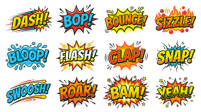 Colorful comic onomatopoeia set with roar and bam words.