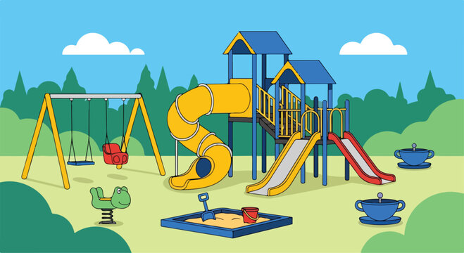A colorful playground with a large playset and swings