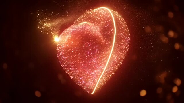 Abstract glowing particle orb and heart shape with vertical light beam, absorb nubes, sparkles, soft light, dark background, romantic mood, illustration style
