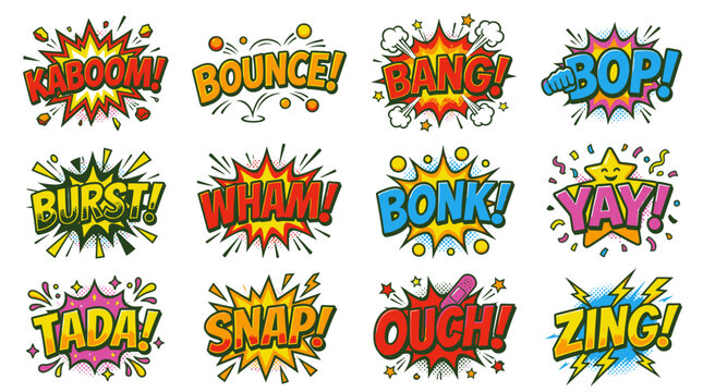 Colorful comic book sound effect bubbles with kaboom and bang.