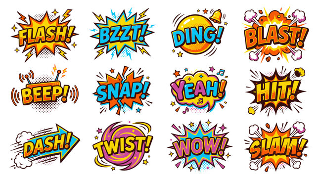 Colorful halftone comic book sound effects and speech bubbles.