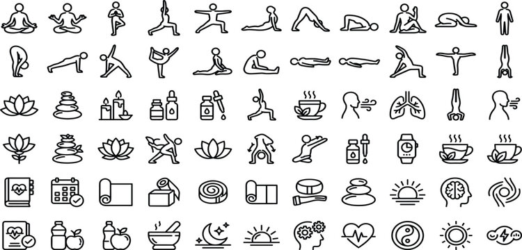 Yoga line icons set with meditation poses wellness objects and mindfulness healthy lifestyle elements vector