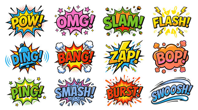 Colorful high contrast comic speech bubbles with action words.