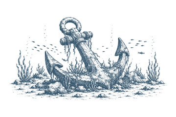 Detailed vintage engraving style vector illustration of an ancient rusted anchor resting on the seabed graphic resource © Chairul