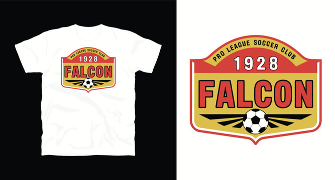 Falcon pro league soccer vector t-shirt design, football team emblem concept, graphic element with ball and wings.