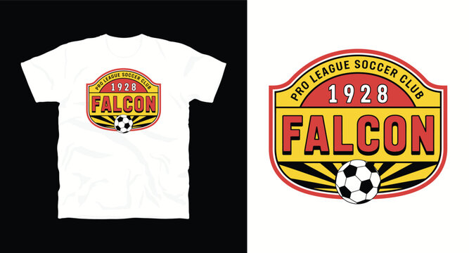 Falcon pro league soccer vector t-shirt design, football team emblem concept, graphic element with ball and wings.