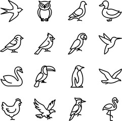 Fototapeta premium Set of Bird Icons, Minimalist Line Art Collection of Different Bird Species