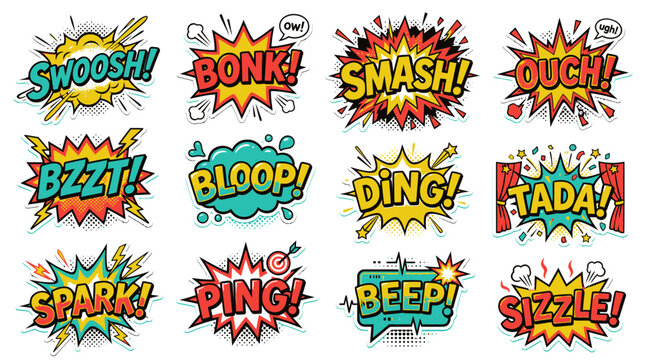 Colorful onomatopoeia sound effect bubbles for comic book design