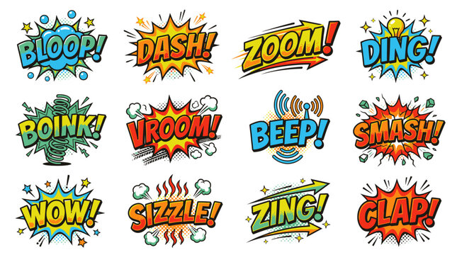 Colorful comic onomatopoeia sound effects and motion bubbles.