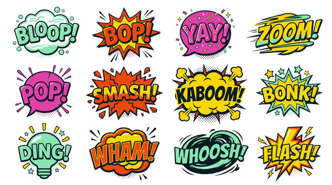 Comic book onomatopoeia and speech bubbles in colorful set.