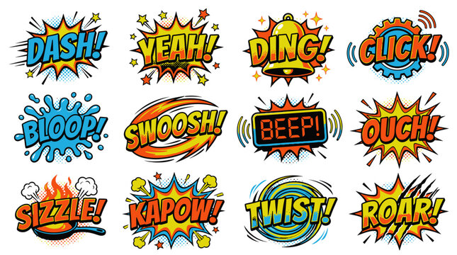 Colorful comic onomatopoeia sound effect speech bubble collection.