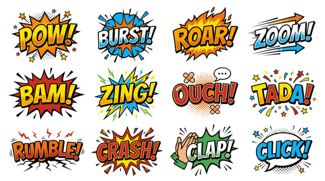 Comic book onomatopoeia collection featuring pow burst and roar.
