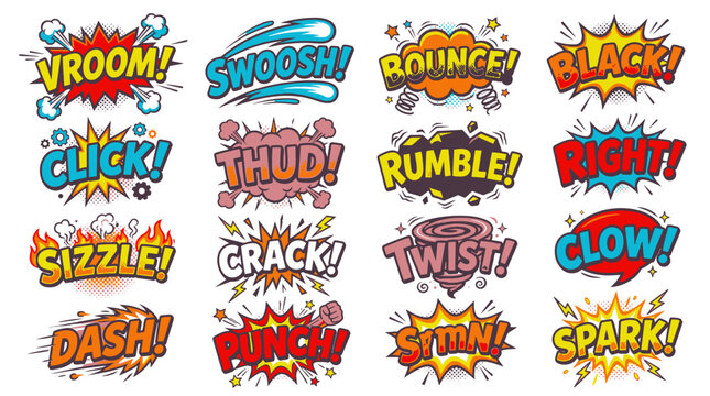 Colorful comic onomatopoeia stickers with vroom swoosh rumble thud.