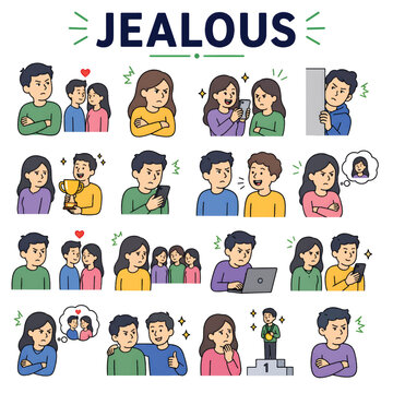 Jealous Icon Set, Envy Emotion and Relationship Feeling Outline Vector Collection