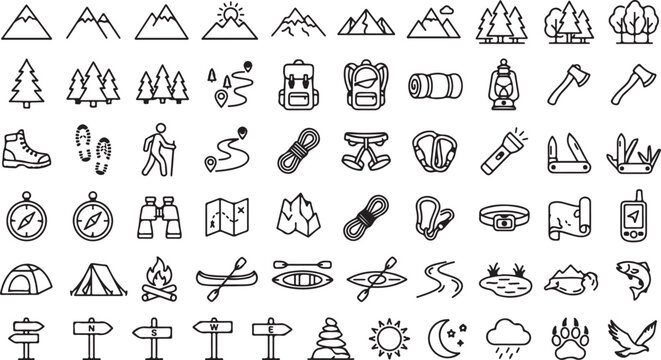 63 Thin Line Forest Camping, Scouting, and Navigation Icon Collection