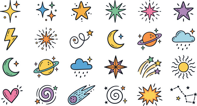 Colorful hand drawn celestial elements collection for space and dream themes