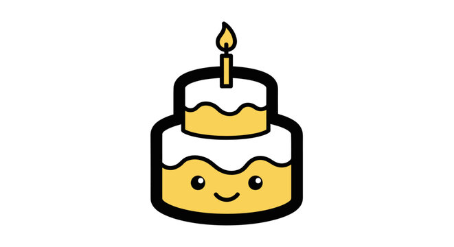 Cute tiered birthday cake with lit candle and smiley face