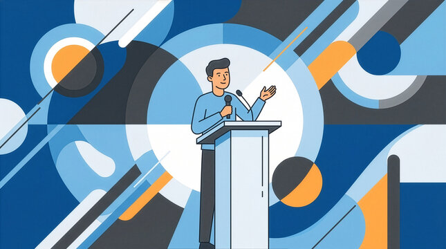幾何学的な抽象背景の前で演台に立ちマイクを持ってスピーチをする男性のフラットイラスト