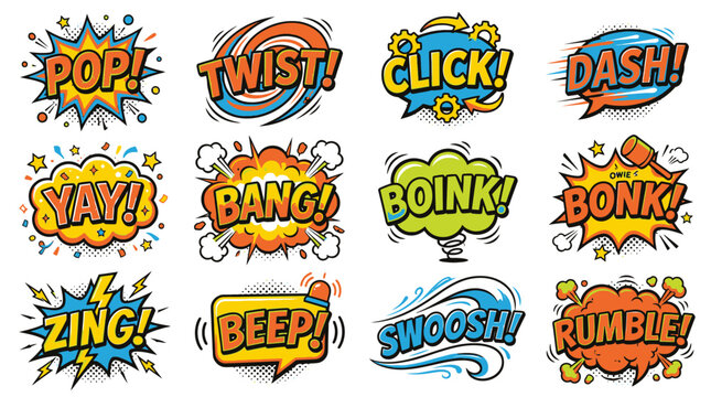 Colorful onomatopoeia speech clouds for comic book design projects.