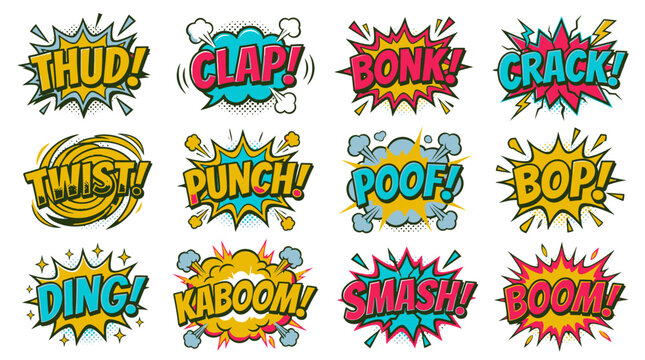 Comic book sound effects stickers with thud and kaboom text.